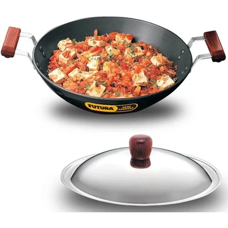Hawkins AD25S 2.5L Hard Anodised Deep Fry Pan (Kadhai) | 26cm | Flat Bottom | Natural Rosewood Handles | Stainless Steel Lid | Black