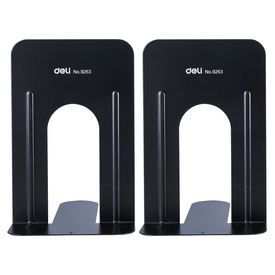 Deli E9263 9-Inch Metal Book End (Pair of Two, Black) - Powder Coated Steel with EVA Padded Base