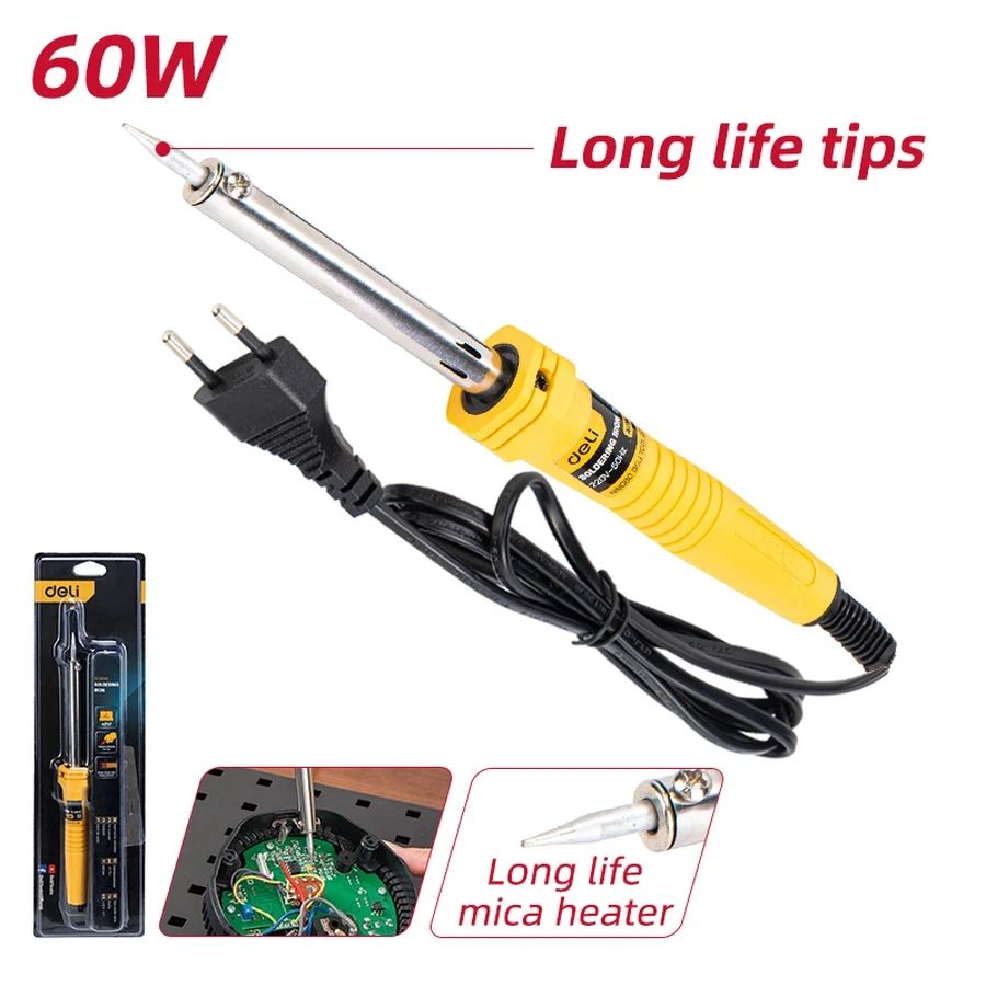 Deli EDL8860 Soldering Iron 60W - Rapid Nickel-Chromium Heating Core, Mica Sheet Insulation, Heat-Resistant PRT Handle, Safety Certified for Electronics Repair (YELLOW)