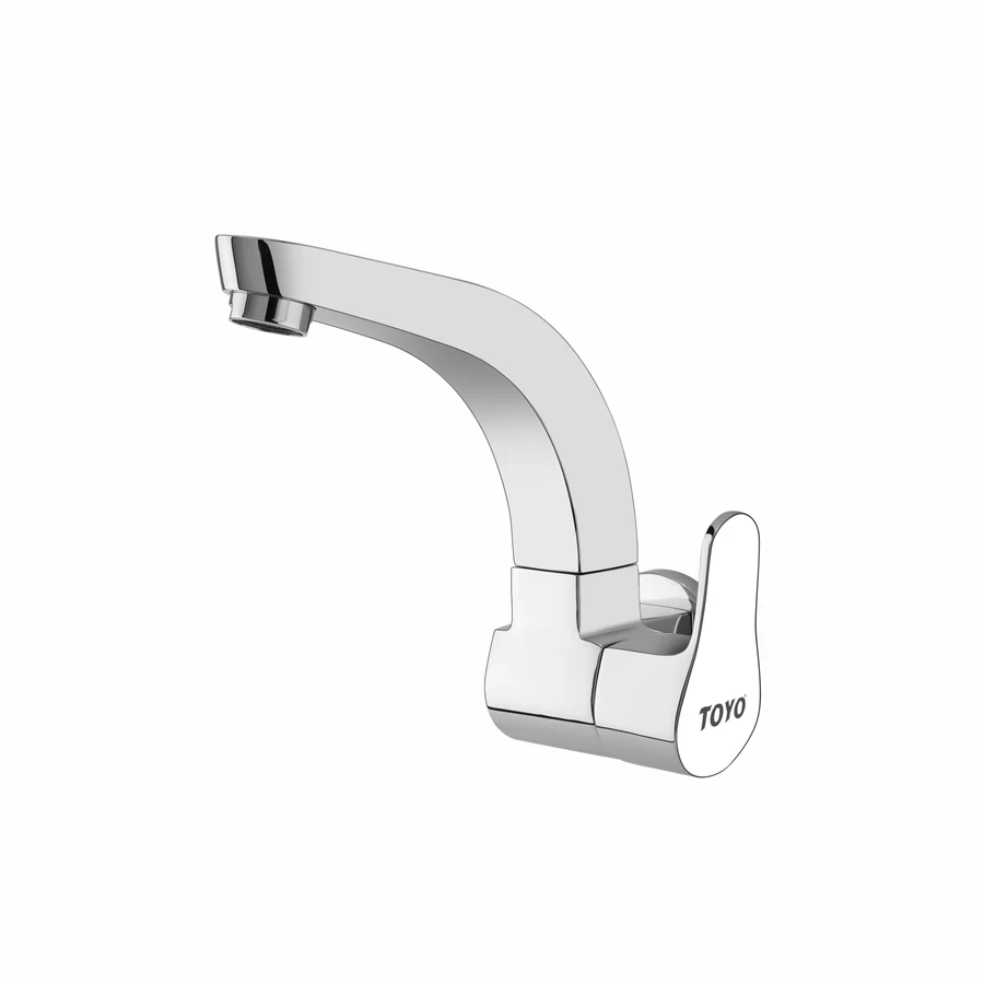 TOYO EM-51230 Wall Mounted Sink Cock - Square Heavy Brass Swinging Spout, Dual Handle, CP Chrome Finish