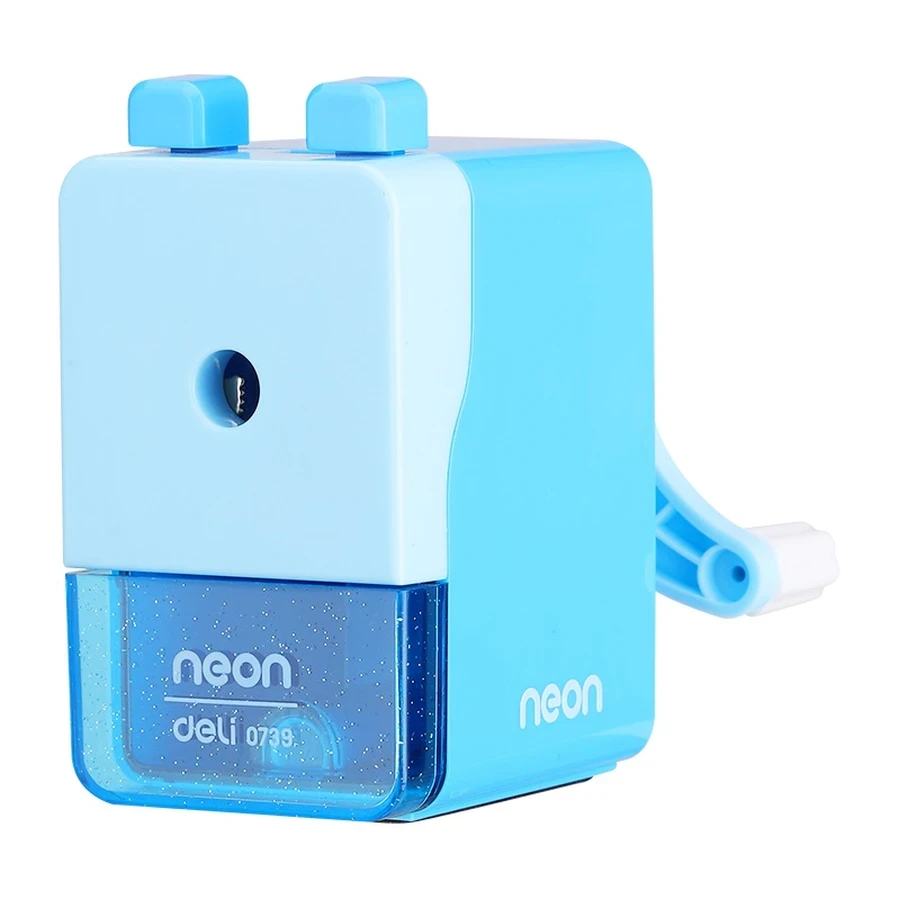 Deli E0739 Rotary Crank Pencil Sharpener - 7mm Graphite, Transparent Canister, Anti-Slip Base (Blue)